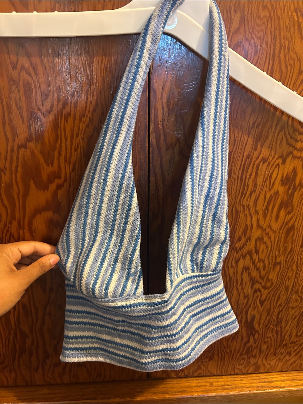 Divided Blue and White Striped Crop Halter Top